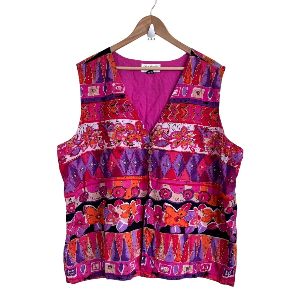 Casual Corner Womens Boho Abstract Beaded Cotton Vest 2X Pink Purple Art to Wear